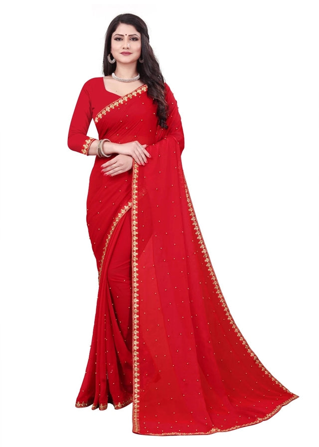 Women's Lycra Blend Solid Saree with Decorative Border | Elegant Party & Festive Wear Saree | Red | 6.3 Meter