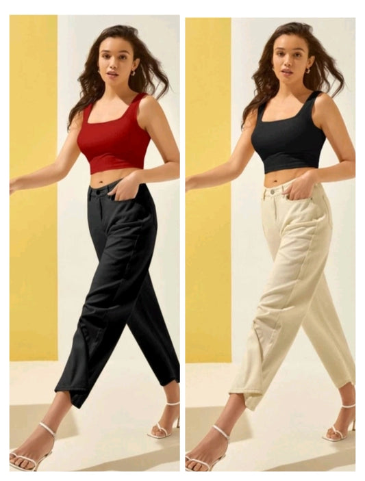Women's Cotton Blend Sleeveless Crop Top Combo – Solid Casual Tank Tops (Pack of 2)