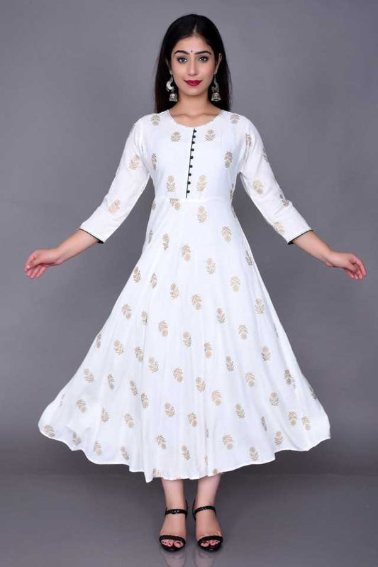 Women's White Rayon Anarkali Kurti – Elegant Printed Flared Ethnic Dress