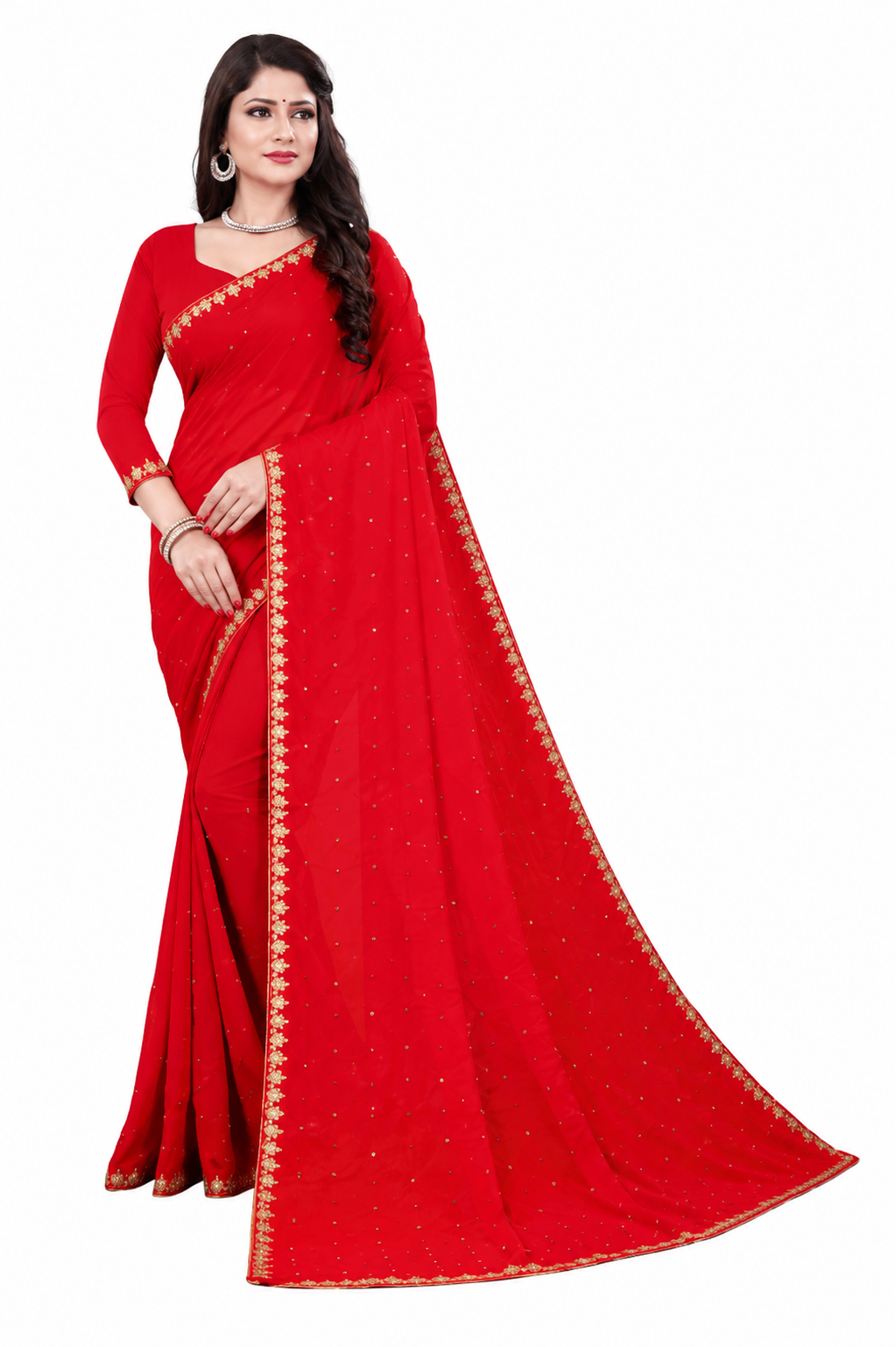 Women's Lycra Blend Solid Saree with Decorative Border | Elegant Party & Festive Wear Saree | Red | 6.3 Meter